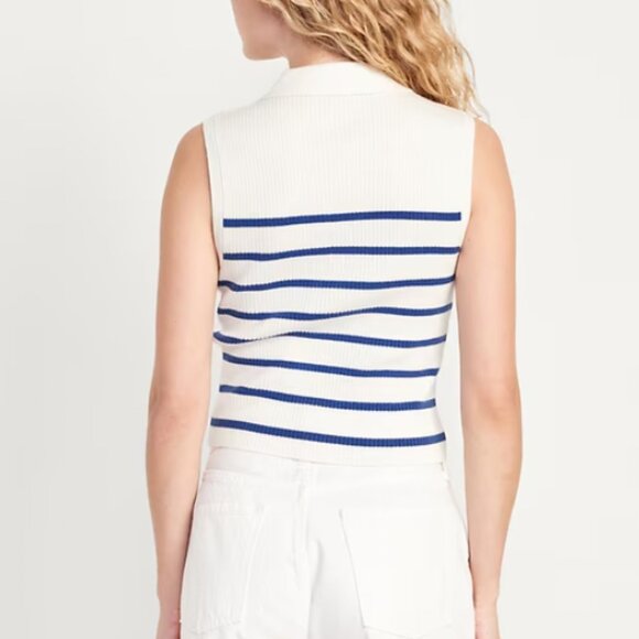 Nautical Rib-Knit Crop Blue/White Plus Size Polo Sweater 3X - Picture 3 of 4